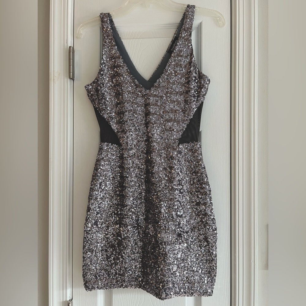 Bebe Sequined Mesh Cut-Out Party Dress, Size XS, Silver